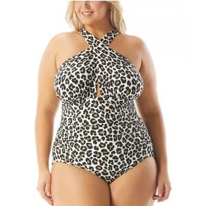 MICHAEL Kors Plus Size Shirred Cross Front One Piece Swimsuit Leopard 18W